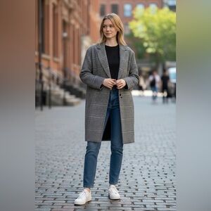 Madewell Houndstooth Plaid Long Coat Wool Blend Women XS Classic Topcoat